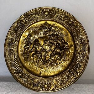 Vintage Hammered Brass Rapousse Wall Hanging Tavern Platter - Made in England